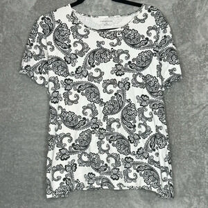 Croft & Barrow 2X Shirt Top Black White Paisley Short Sleeve Round Neck Cotton